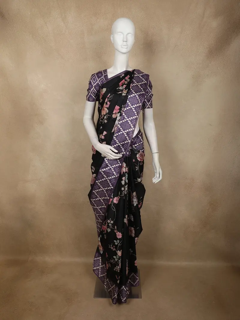 Classic Jet Black Floral Printed Design Semi Tussar Saree With Contrast Royal Plum Purple Border 1