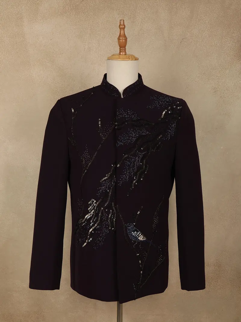Classic Jet Black Horse Sequins Design Polynosic Men's Suit 1