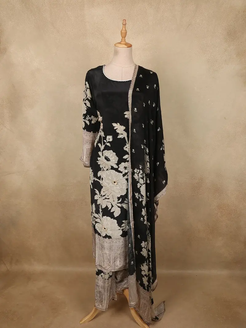 Classic Midnight Black Floral Beads Embroidered Designed Cotton Salwar Suit With Dupatta 1