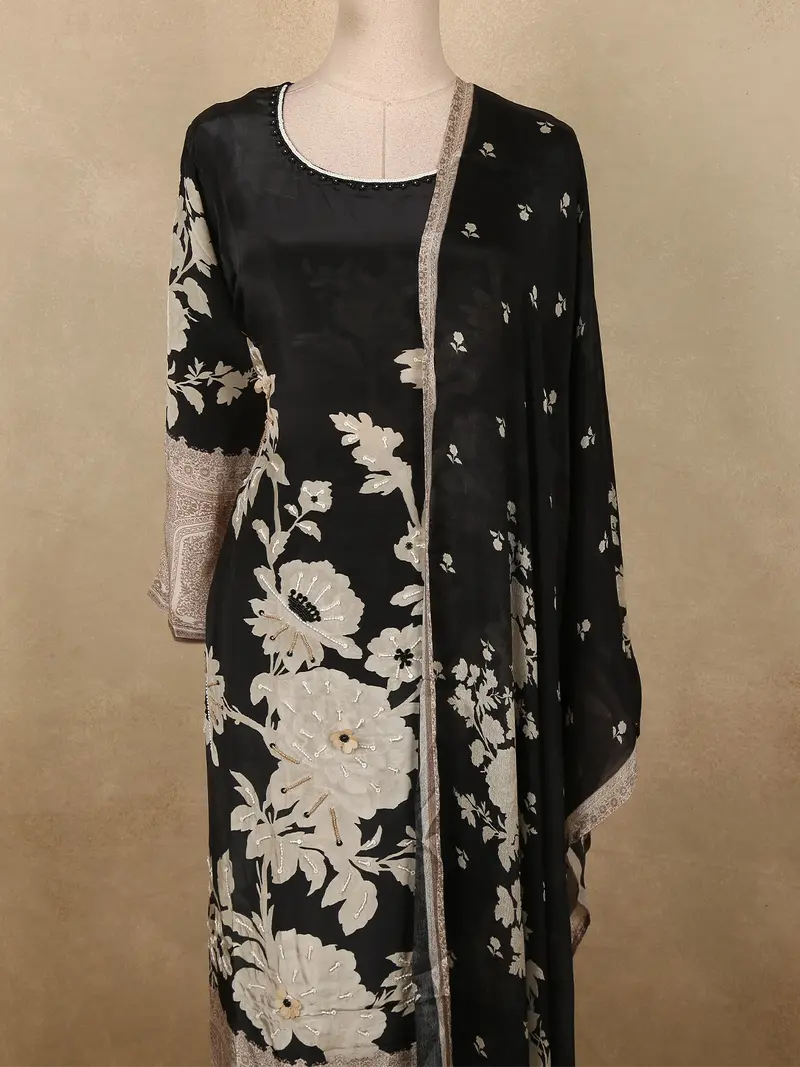 Classic Midnight Black Floral Beads Embroidered Designed Cotton Salwar Suit With Dupatta 2