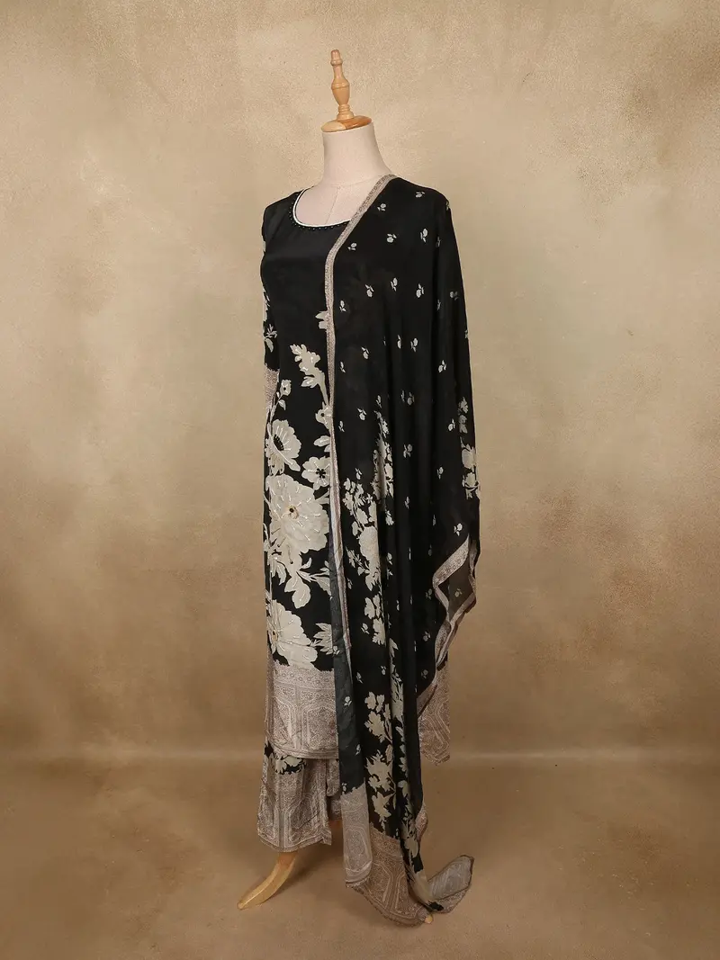 Classic Midnight Black Floral Beads Embroidered Designed Cotton Salwar Suit With Dupatta 3