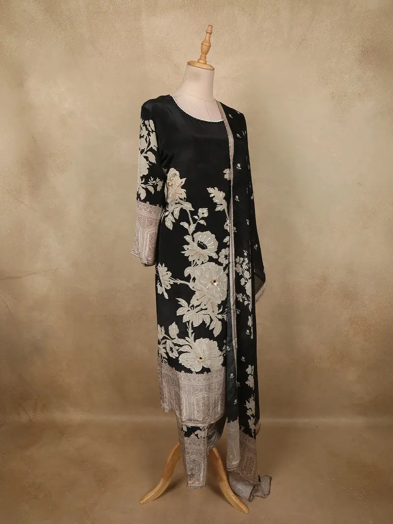 Classic Midnight Black Floral Beads Embroidered Designed Cotton Salwar Suit With Dupatta 4