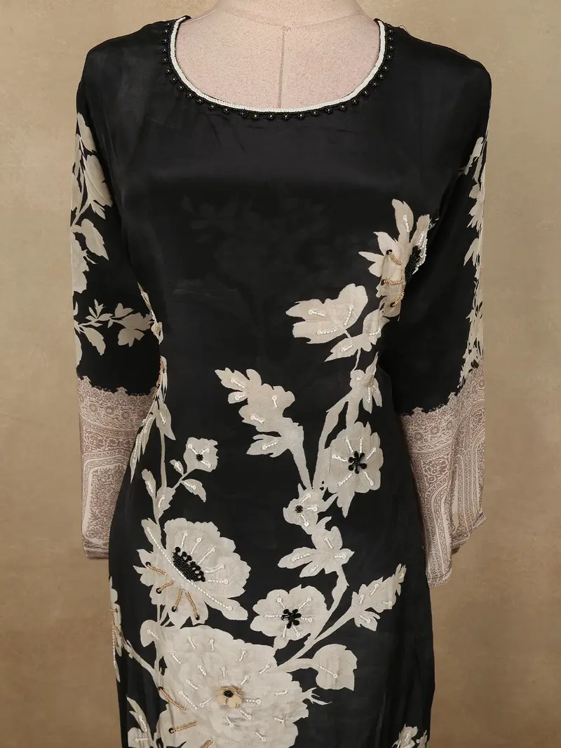 Classic Midnight Black Floral Beads Embroidered Designed Cotton Salwar Suit With Dupatta 5