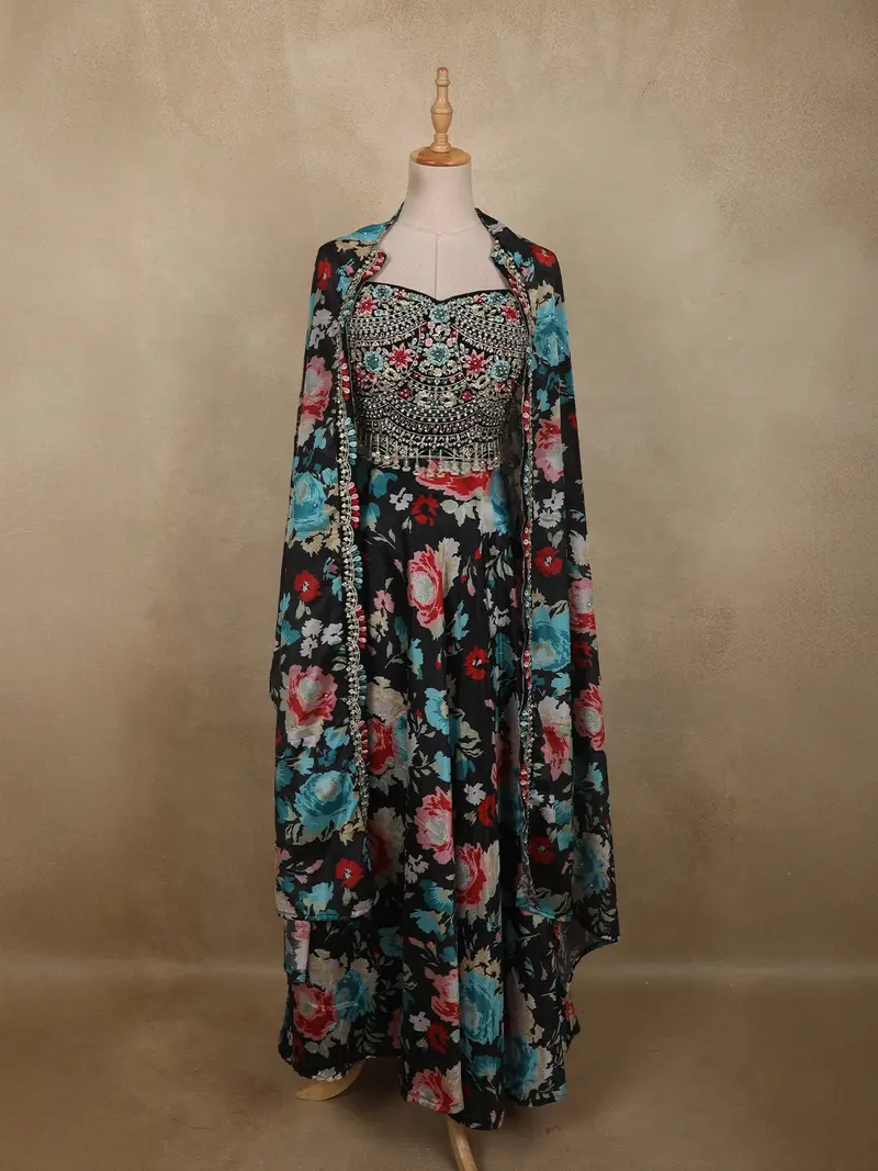 Classic Midnight Black Floral Mirror And Beads Embroidered Design Organza Lehenga 1
