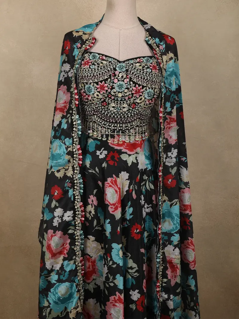 Classic Midnight Black Floral Mirror And Beads Embroidered Design Organza Lehenga 2