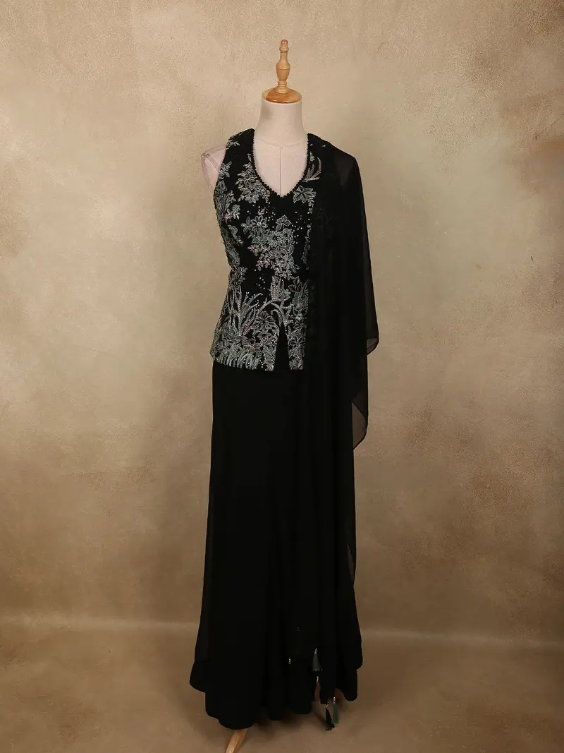 Classic Midnight Black Floral Thread Embroidered Design Georgette Palazzo Suit 1