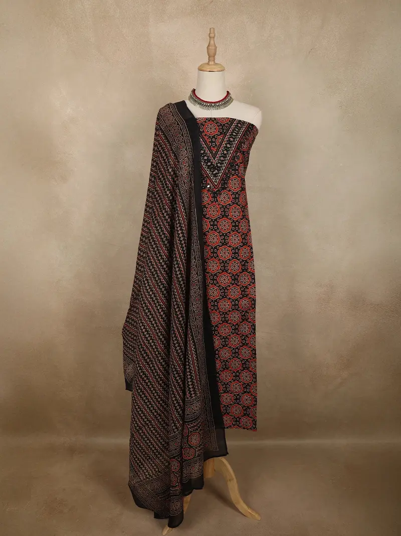 Classic Midnight Black Traditional Ajrakh Printed Design Cotton Unstitched Salwar Material 1