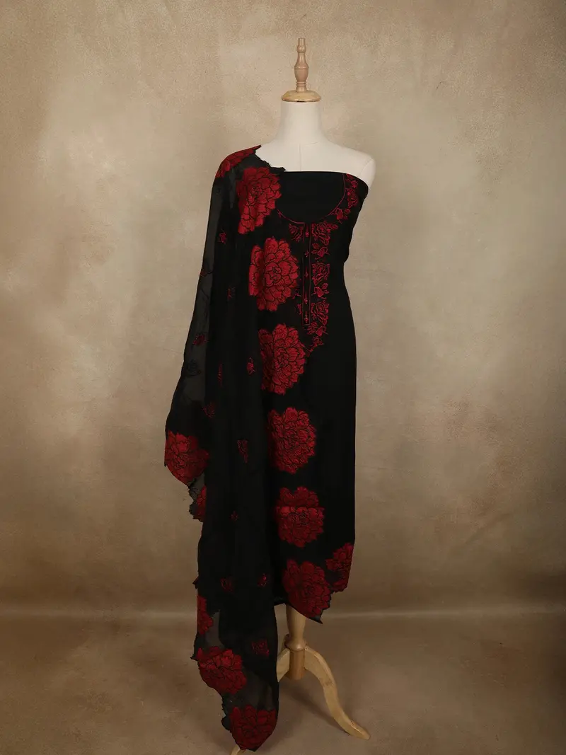 Classic Midnight Black With Bold Crimson Red Floral Embroidered Design Georgette Unstitched Salwar Material 1