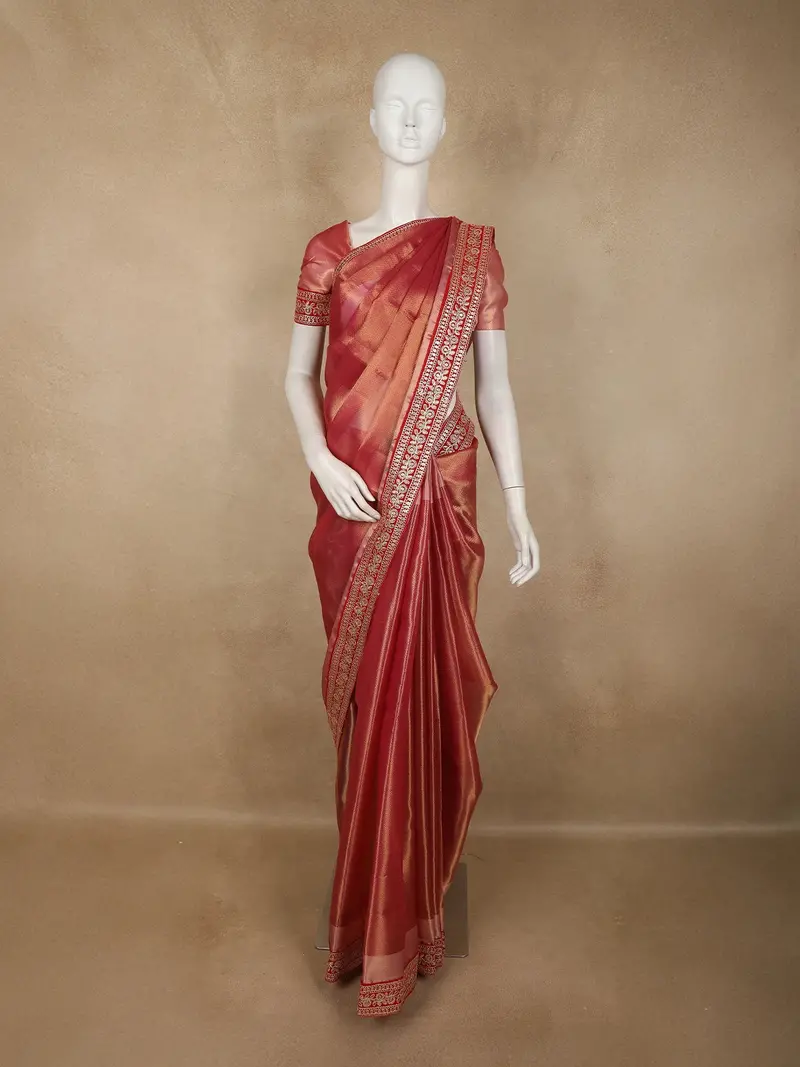 Classic Red Geometric Zari Woven Design Tissue Designer Saree With Sequins Border 1