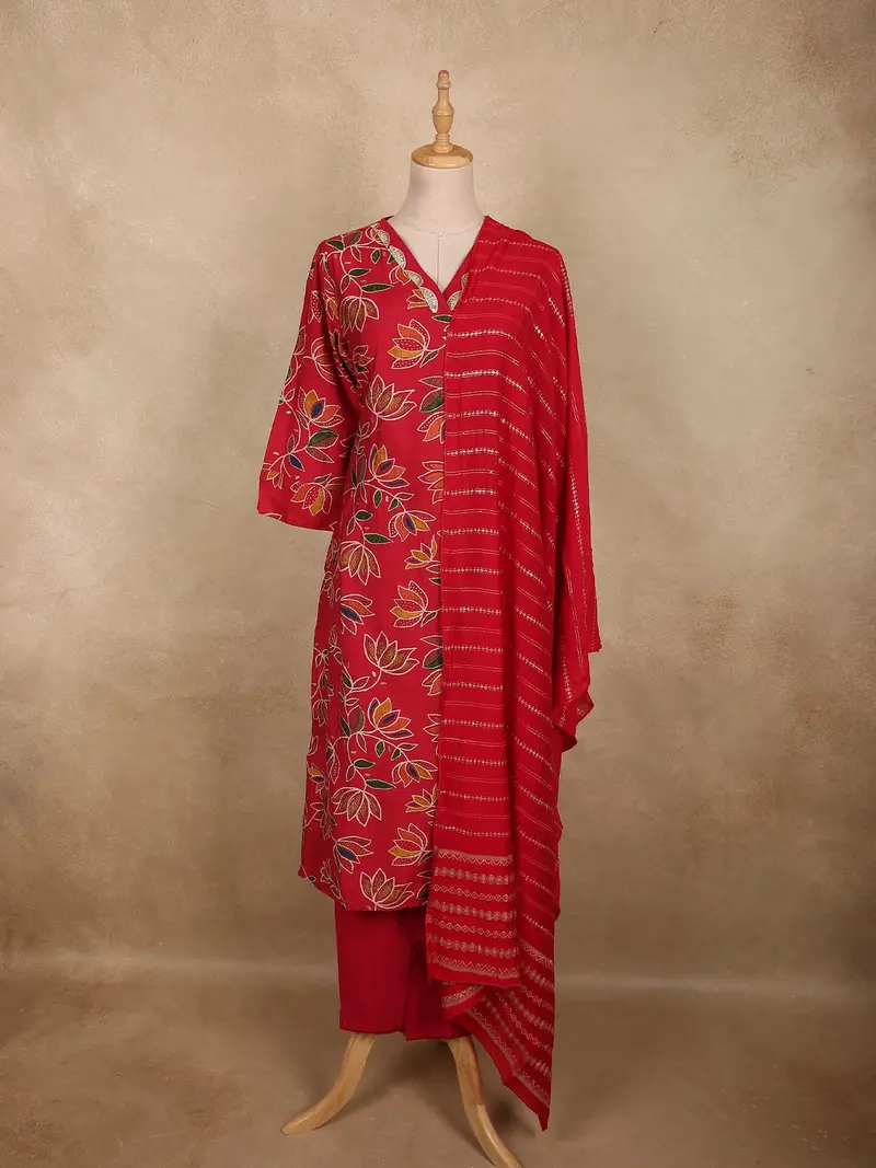 Classic Ruby Red Floral Printed Design Cotton Salwar Suit With Dupatta 1