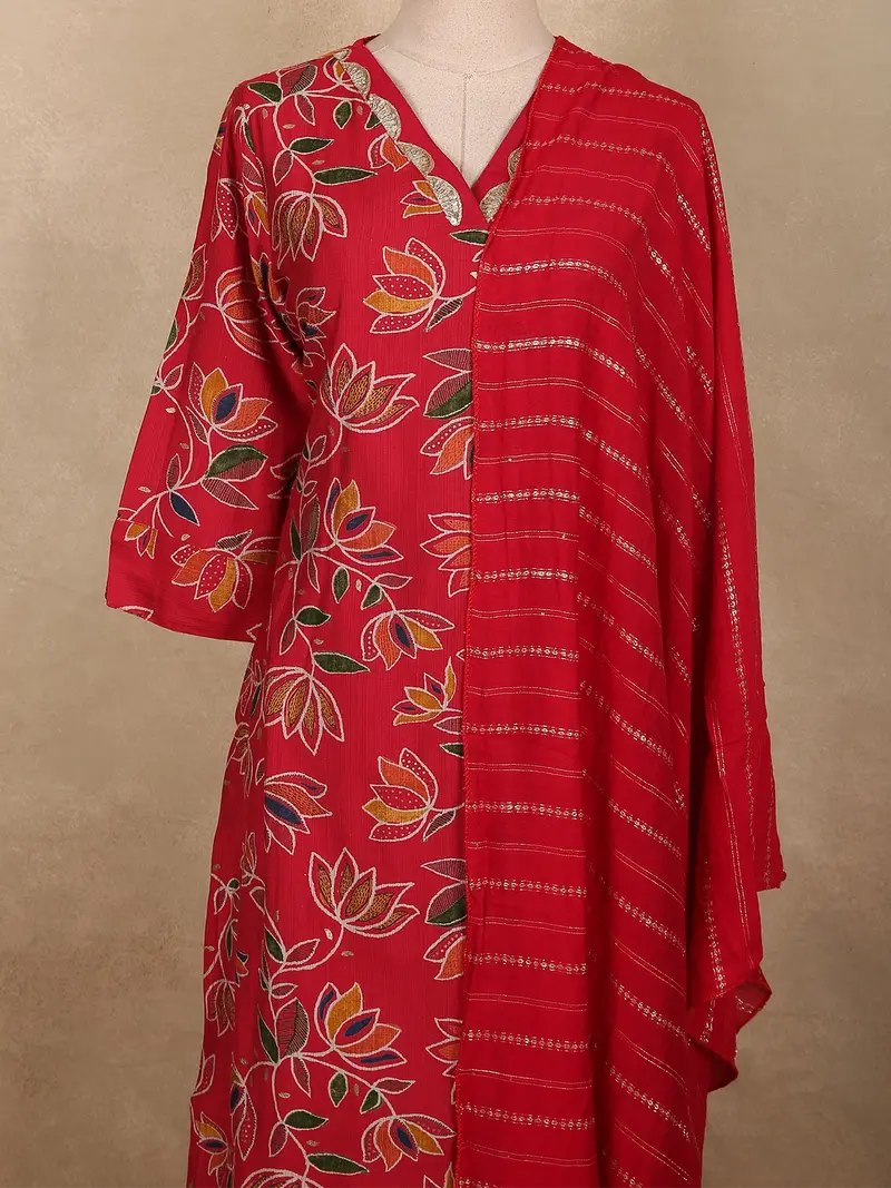 Classic Ruby Red Floral Printed Design Cotton Salwar Suit With Dupatta 2