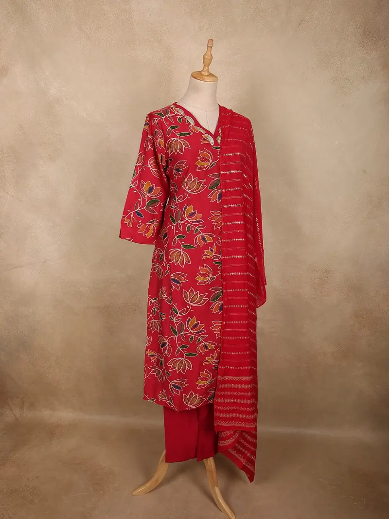 Classic Ruby Red Floral Printed Design Cotton Salwar Suit With Dupatta 3