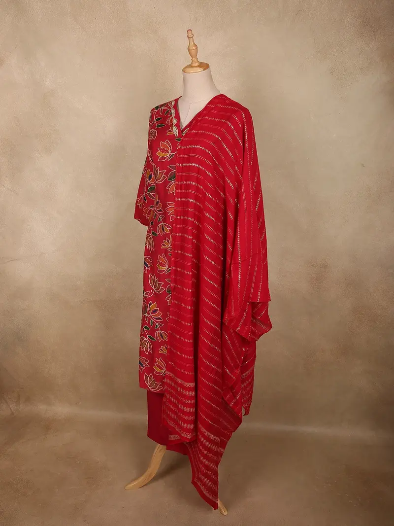 Classic Ruby Red Floral Printed Design Cotton Salwar Suit With Dupatta 4