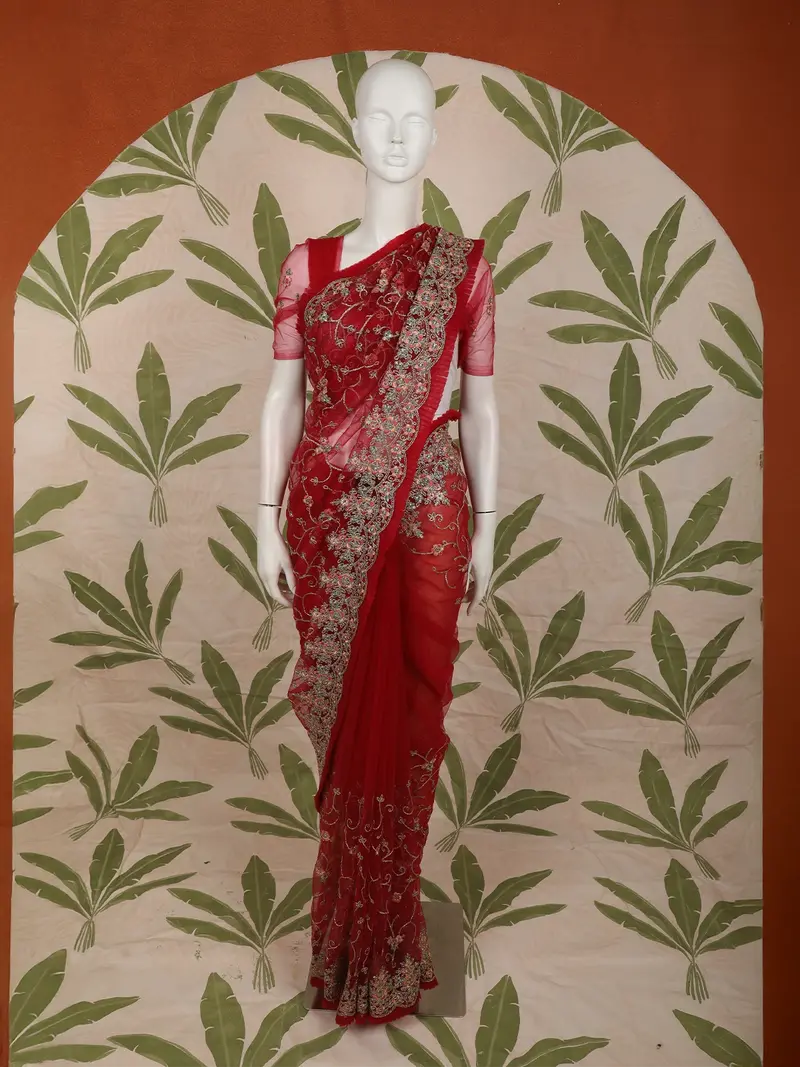 Classic Scarlet Red Floral Vine Embroidered Design Net Fancy Saree With Scalloped Border 1