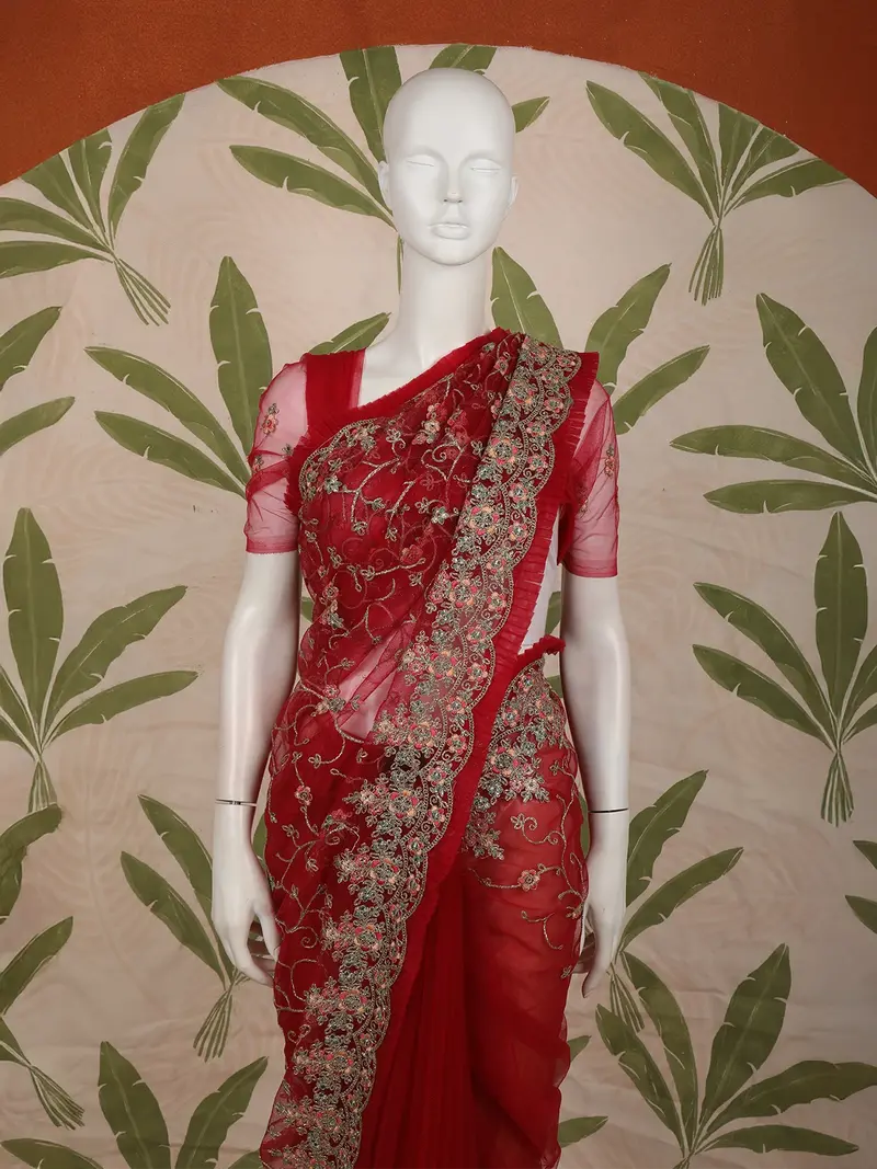 Classic Scarlet Red Floral Vine Embroidered Design Net Fancy Saree With Scalloped Border 2