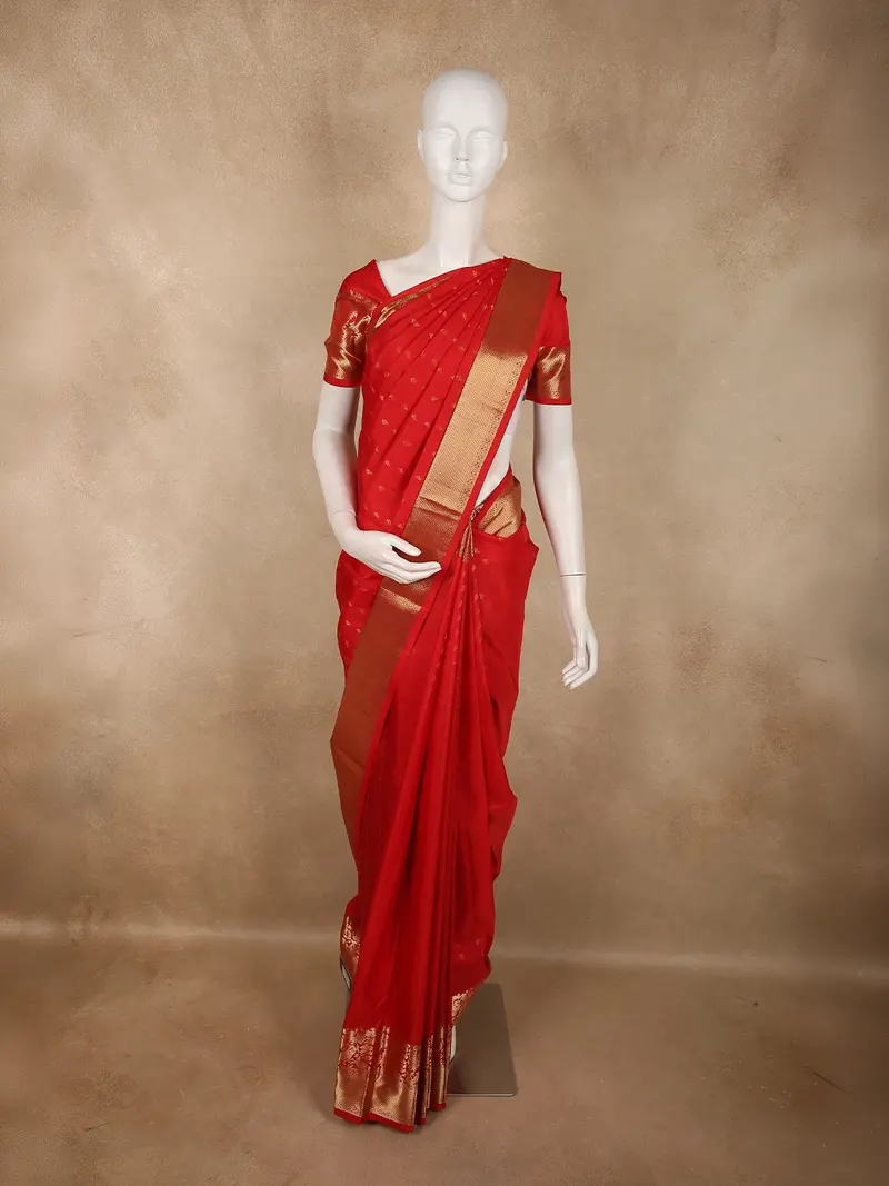 Classic Vermilion Red Butta Zari Woven Design Pure Kanchipuram Silk Saree With Zari Border 1