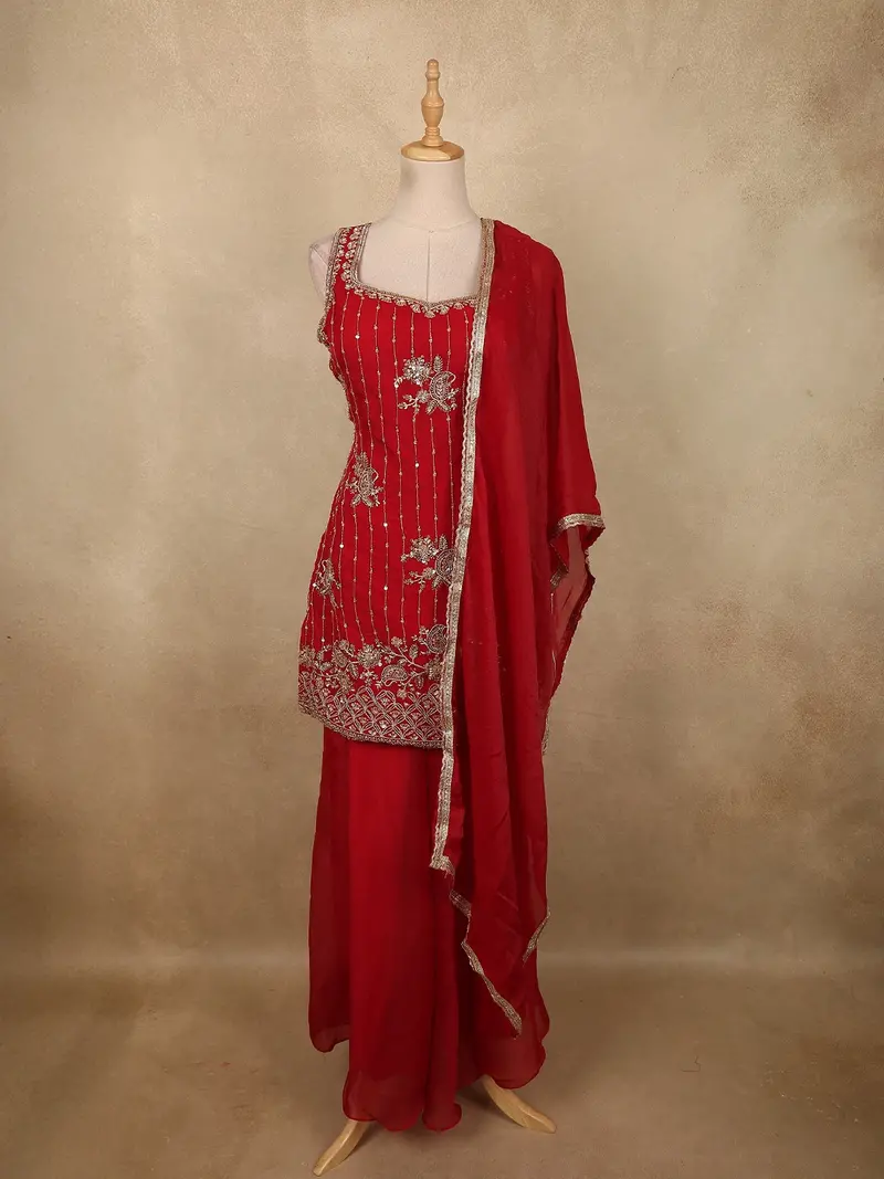 Classic Vermilion Red Paisley Sequins Embroidered Design Organza Palazzo Suit With Dupatta 1