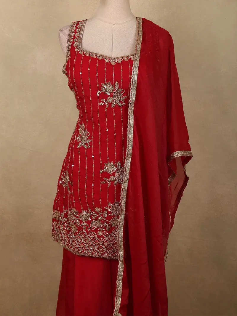 Classic Vermilion Red Paisley Sequins Embroidered Design Organza Palazzo Suit With Dupatta 2