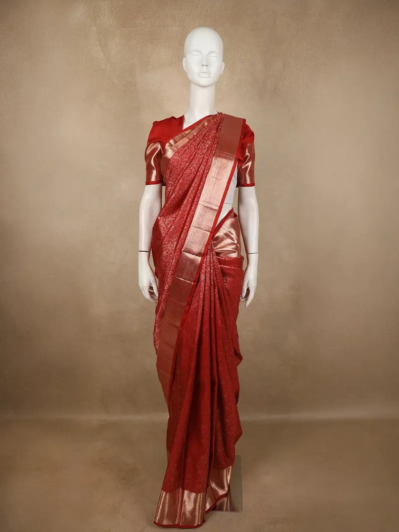 Classic Vermillion Red Floral Zari Woven Design Pure Kanchipuram Silk Saree With Zari Border 1