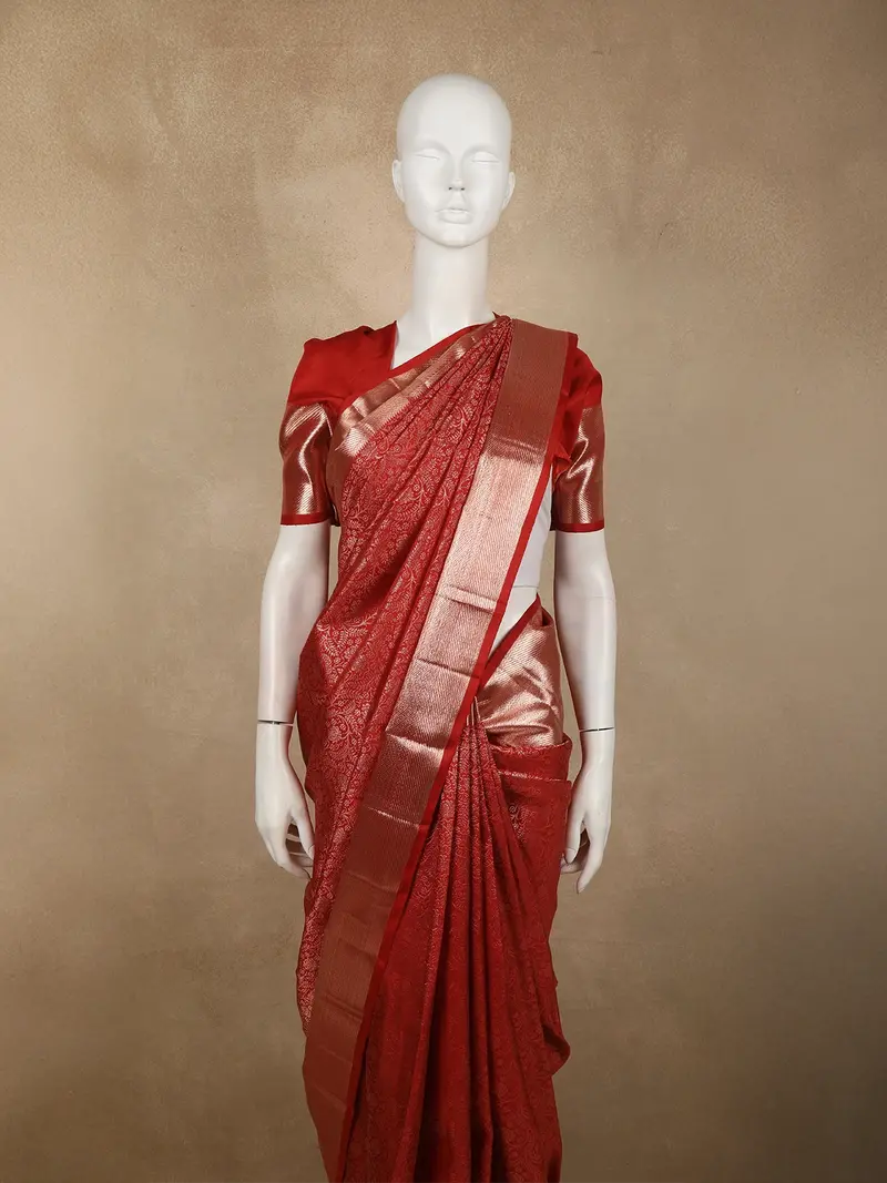 Classic Vermillion Red Floral Zari Woven Design Pure Kanchipuram Silk Saree With Zari Border 2