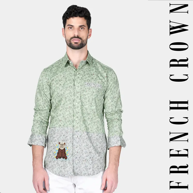 Clay Ash Green And Fiord Blue Printed With Bear Embroidered Twill Premium Cotton Designer Shirt 1