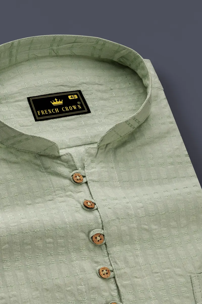 Clay Ash Green Heavyweight Striped Dobby Textured Premium Giza Cotton Kurta Shirt 4