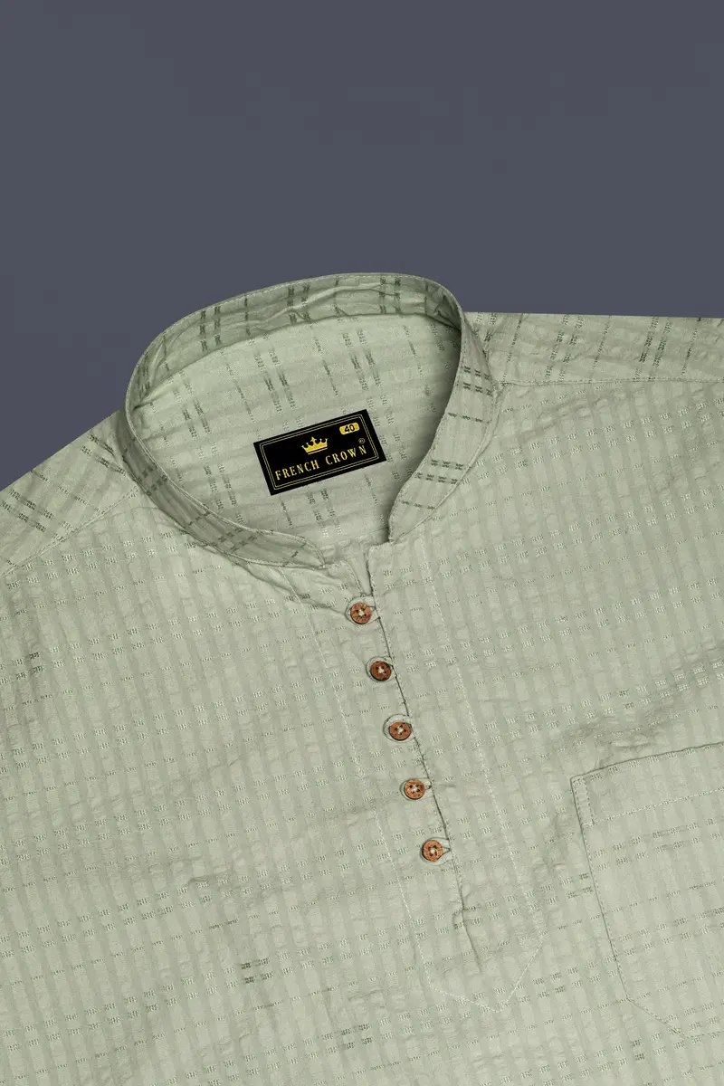 Clay Ash Green Heavyweight Striped Dobby Textured Premium Giza Cotton Kurta Shirt 5