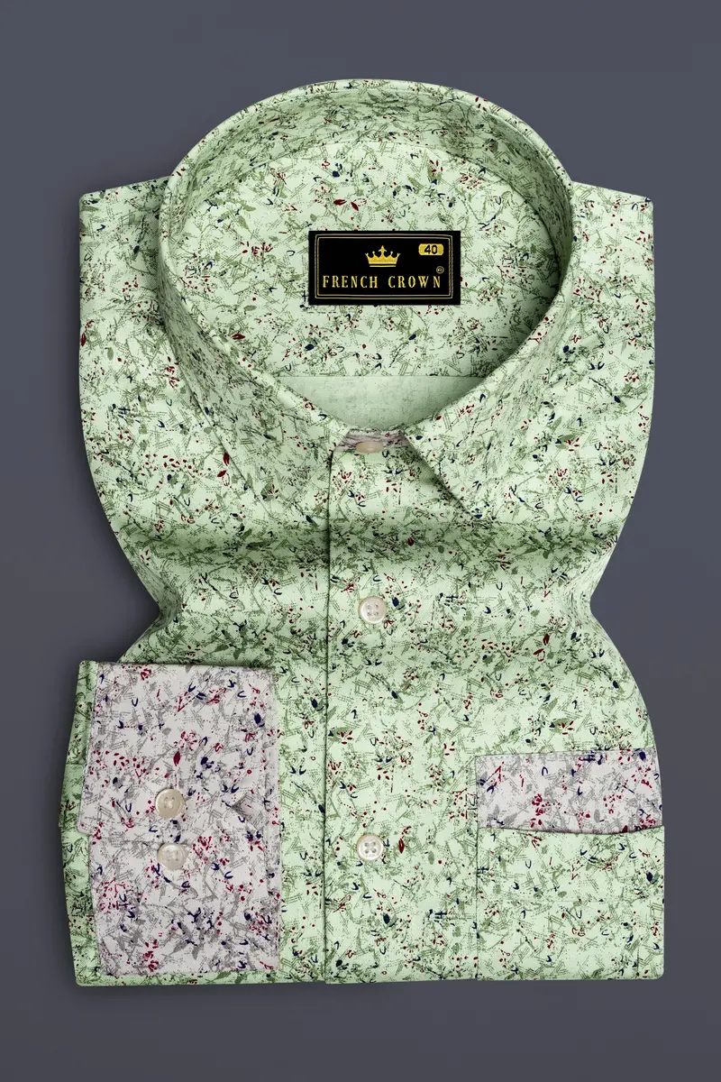 Clay Ash Green With Metallic Gray Ditsy Printed Twill Premium Cotton Designer Shirt 6