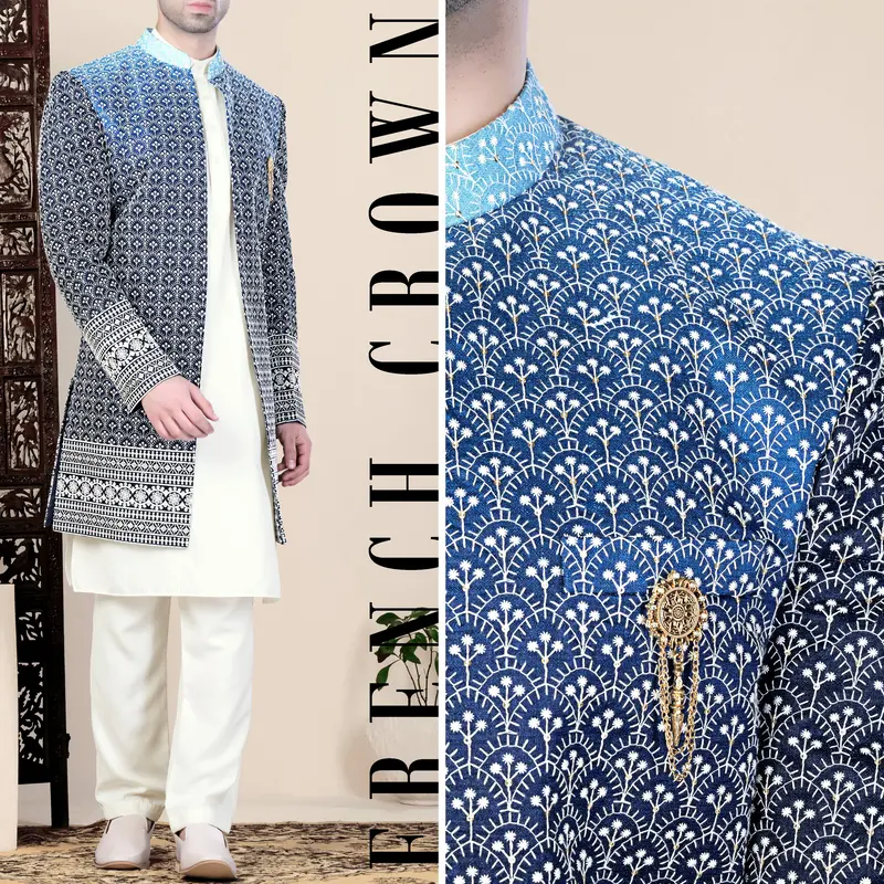 Cloud Blue And White Thread Embroidered Indo-Western 1