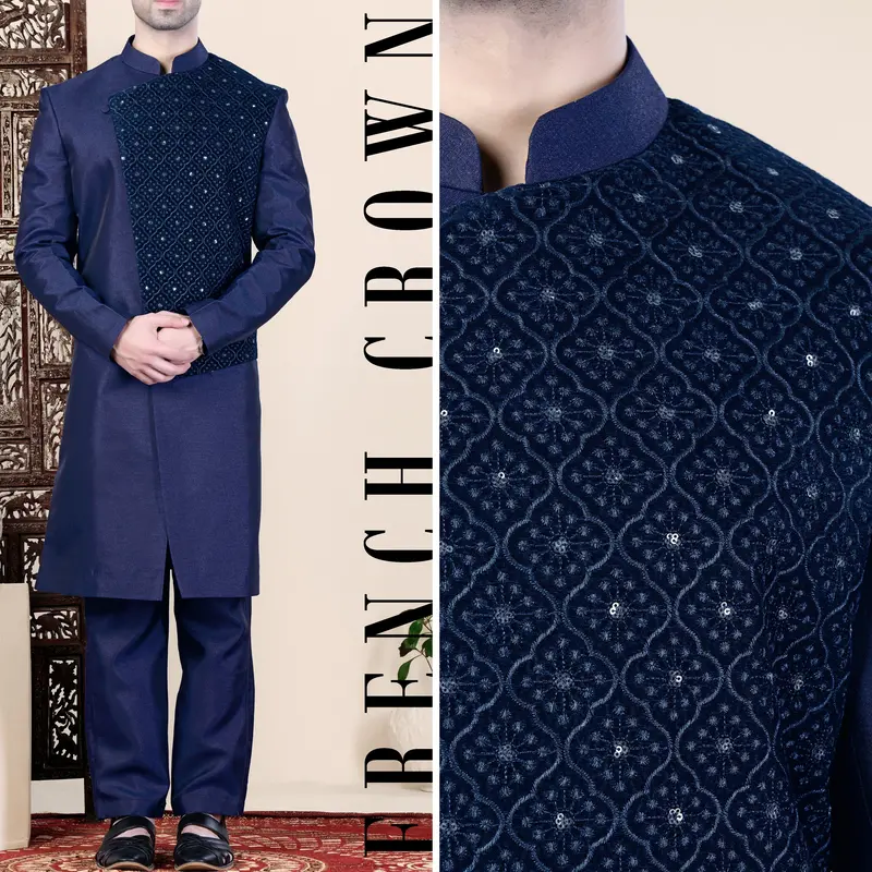 Cloud Burst And Haiti Blue Moroccan Thread And Sequin Embroidered Indo-Western Set 1