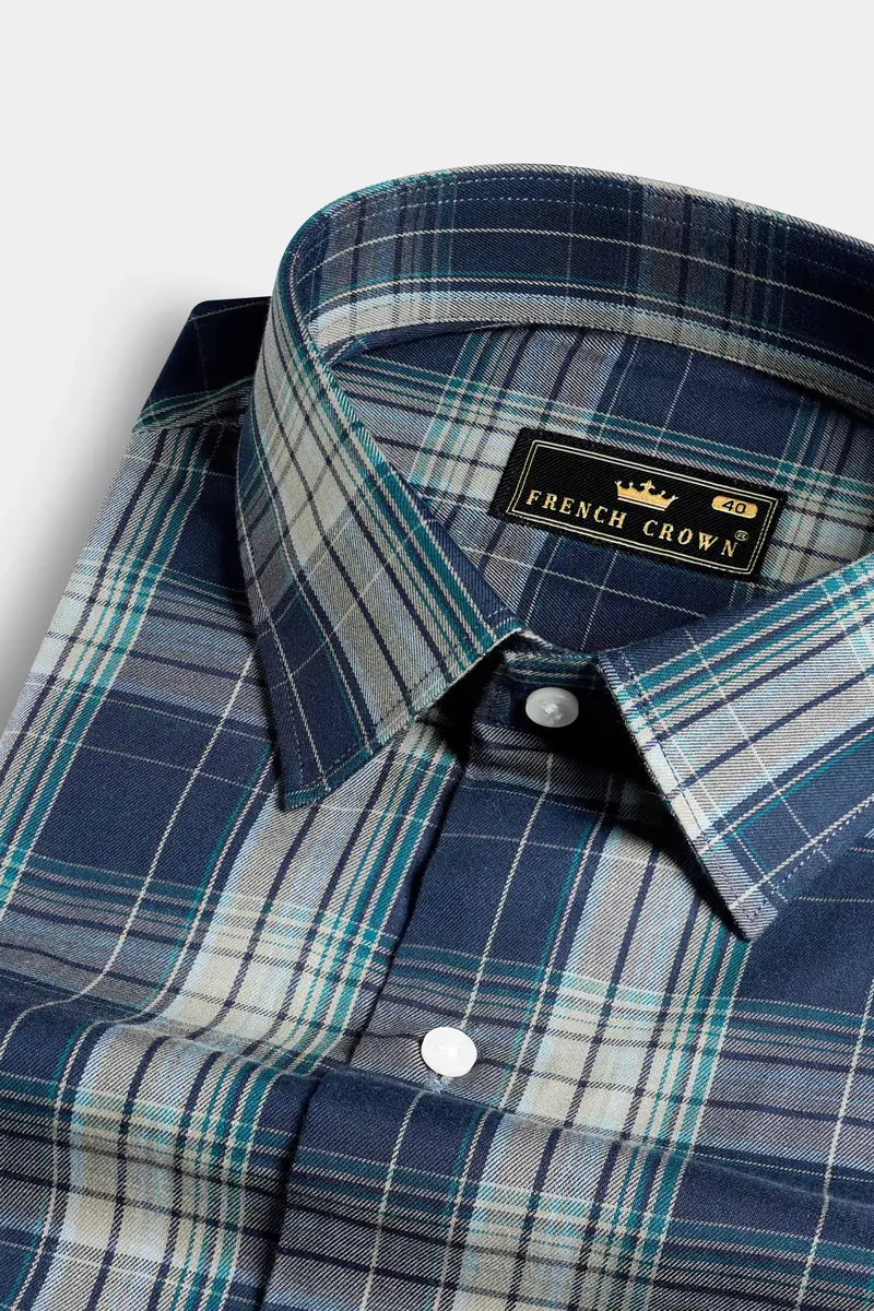 Cloud Burst Blue And Casal Green Twill Plaid Premium Cotton Shirt 1