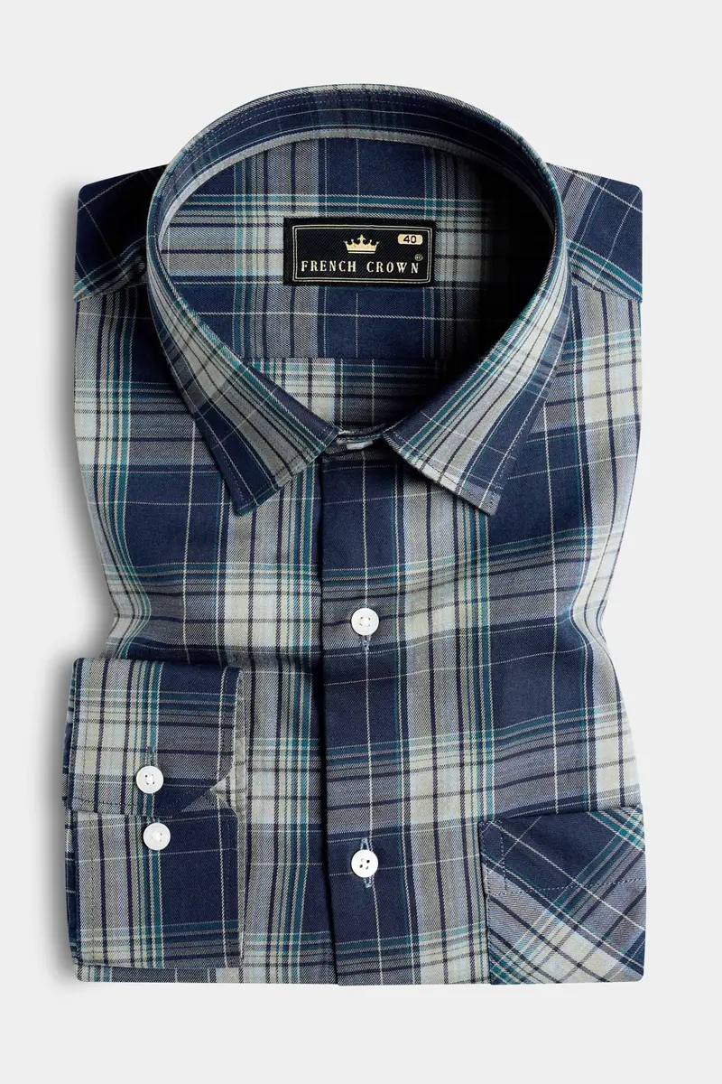 Cloud Burst Blue And Casal Green Twill Plaid Premium Cotton Shirt 3