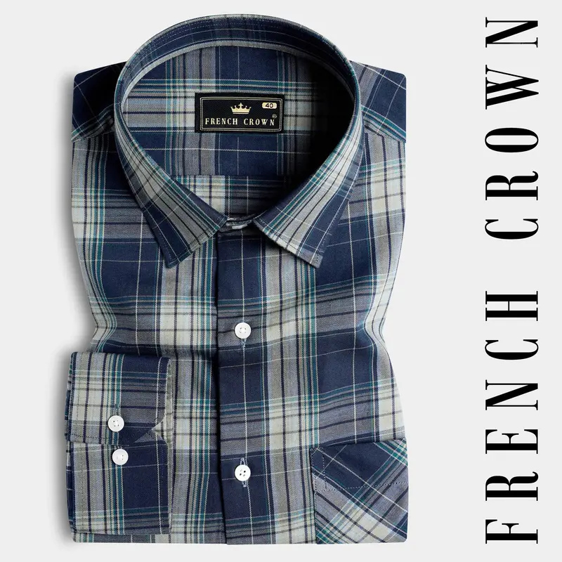 Cloud Burst Blue And Casal Green Twill Plaid Premium Cotton Shirt 7