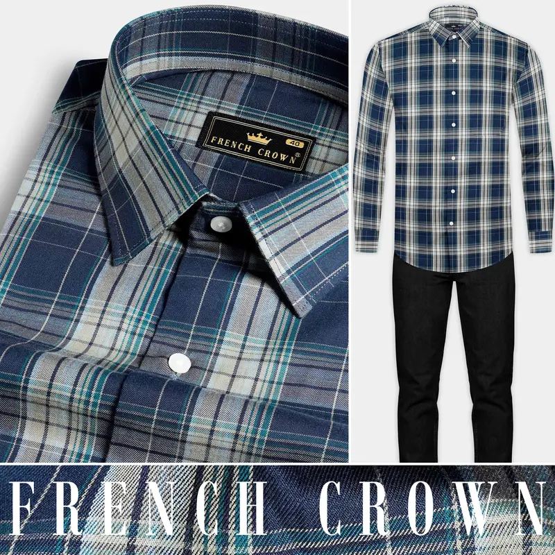 Cloud Burst Blue And Casal Green Twill Plaid Premium Cotton Shirt 8