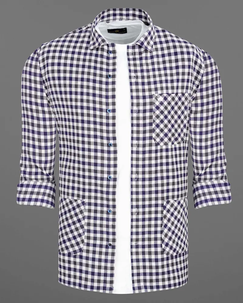 Cloud Burst Blue And White Gingham Heavyweight Twill Premium Cotton Designer Overshirt/Shacket 7