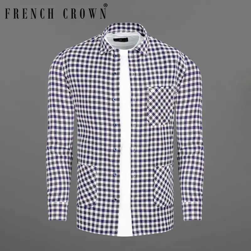 Cloud Burst Blue And White Gingham Heavyweight Twill Premium Cotton Designer Overshirt/Shacket 9