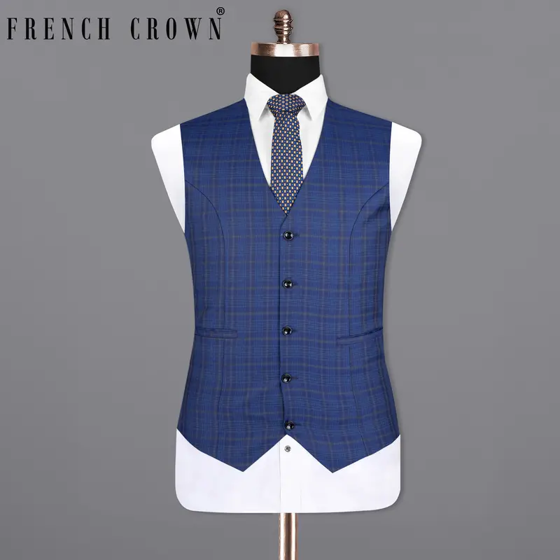 Cloud Burst Blue Plaid Wool Rich Waistcoat 1
