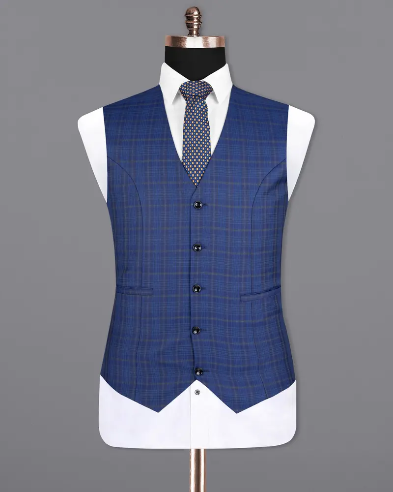 Cloud Burst Blue Plaid Wool Rich Waistcoat 2