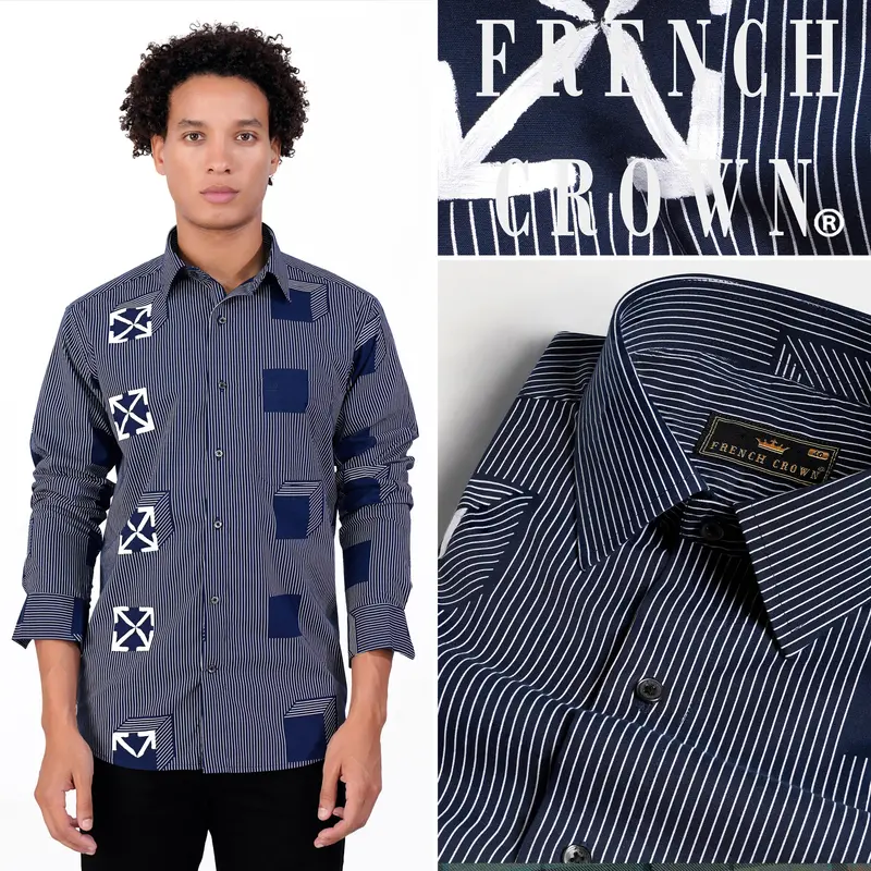 Cloud Burst Blue Striped With White Striped Hand Painted Premium Cotton Designer Shirt 1