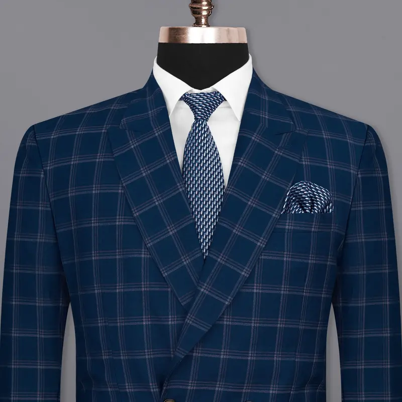 Cloud Burst Blue Super Fine Windowpane Double Breasted Wool Rich Blazer 1