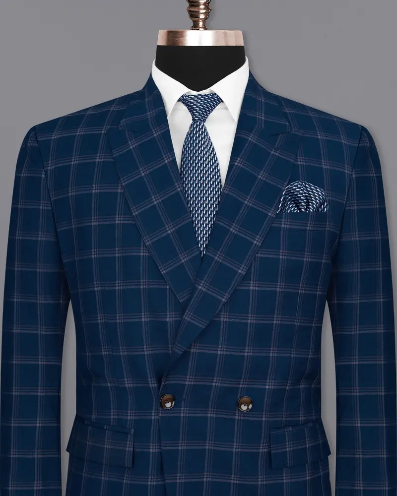Cloud Burst Blue Super Fine Windowpane Double Breasted Wool Rich Blazer 2