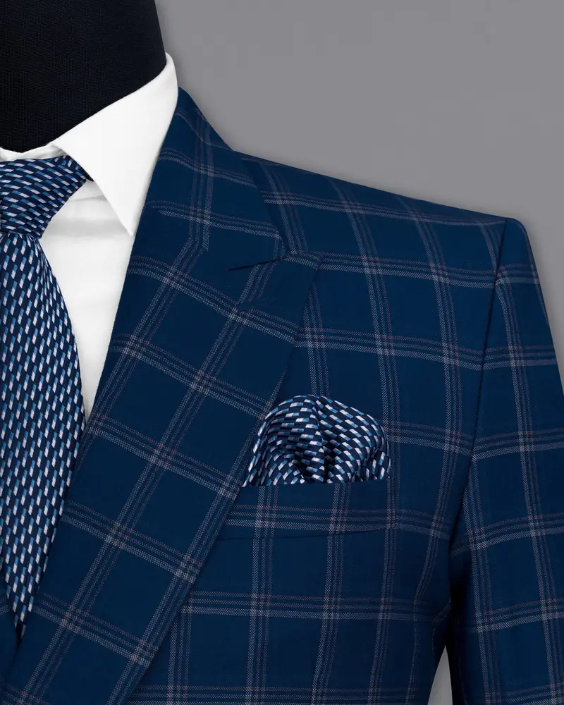 Cloud Burst Blue Super Fine Windowpane Double Breasted Wool Rich Blazer 6