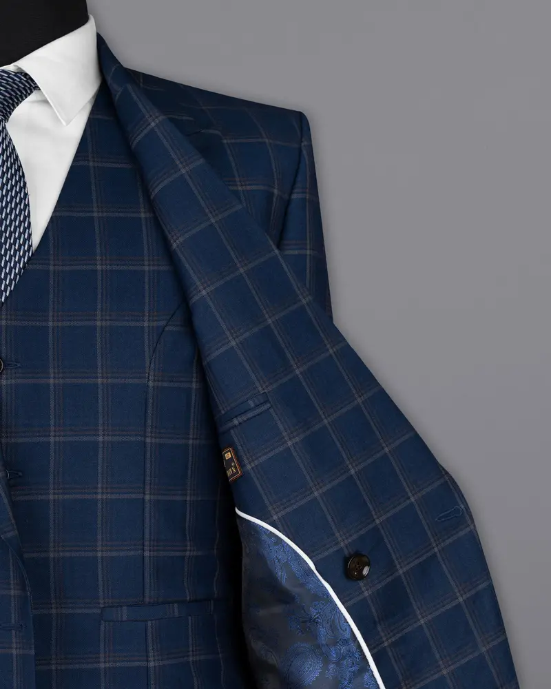 Cloud Burst Blue Super Fine Windowpane Double Breasted Wool Rich Blazer 7