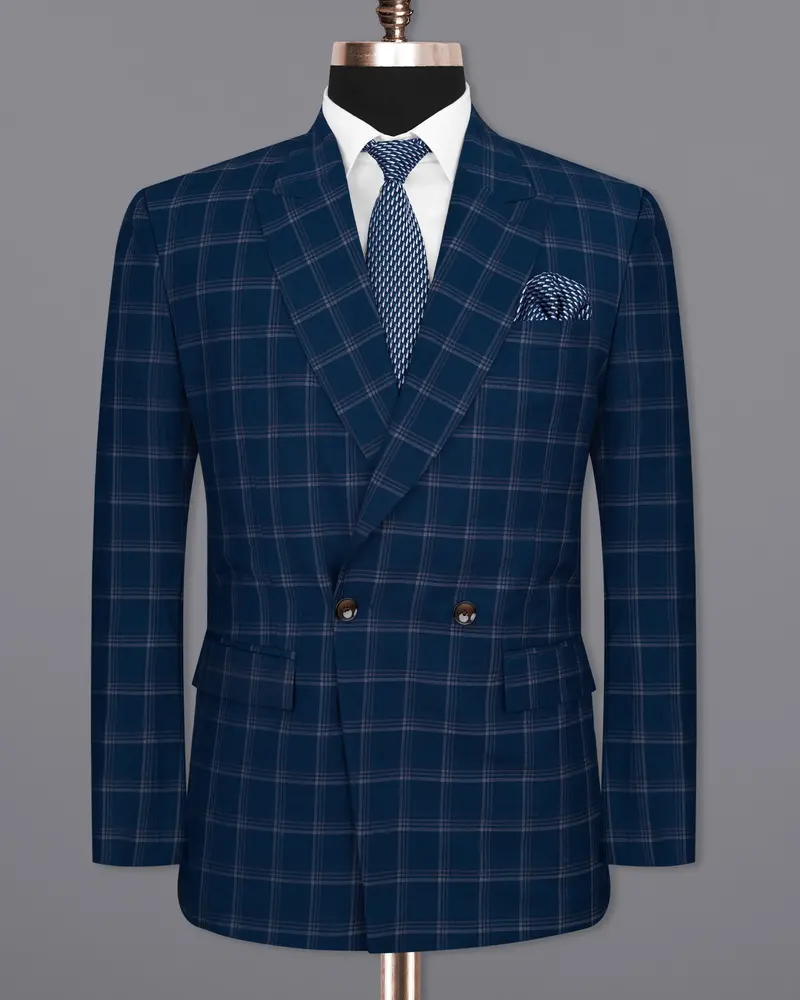 Cloud Burst Blue Super Fine Windowpane Double Breasted Wool Rich Blazer 8