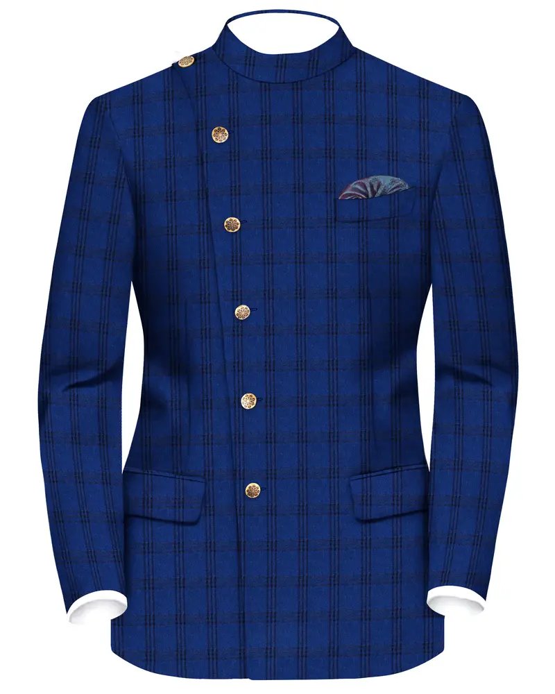 Cloud Burst Blue With Black Plaid Cross Placket Bandhgala Blazer 1