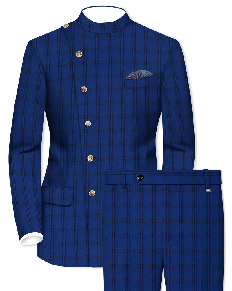 Cloud Burst Blue With Black Plaid Cross Placket Bandhgala Suit 1