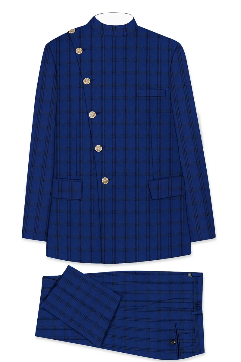 Cloud Burst Blue With Black Plaid Cross Placket Bandhgala Suit 10