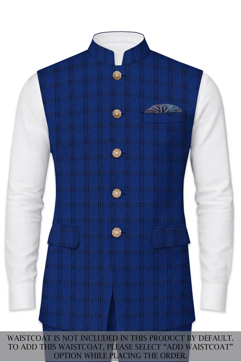 Cloud Burst Blue With Black Plaid Cross Placket Bandhgala Suit 15