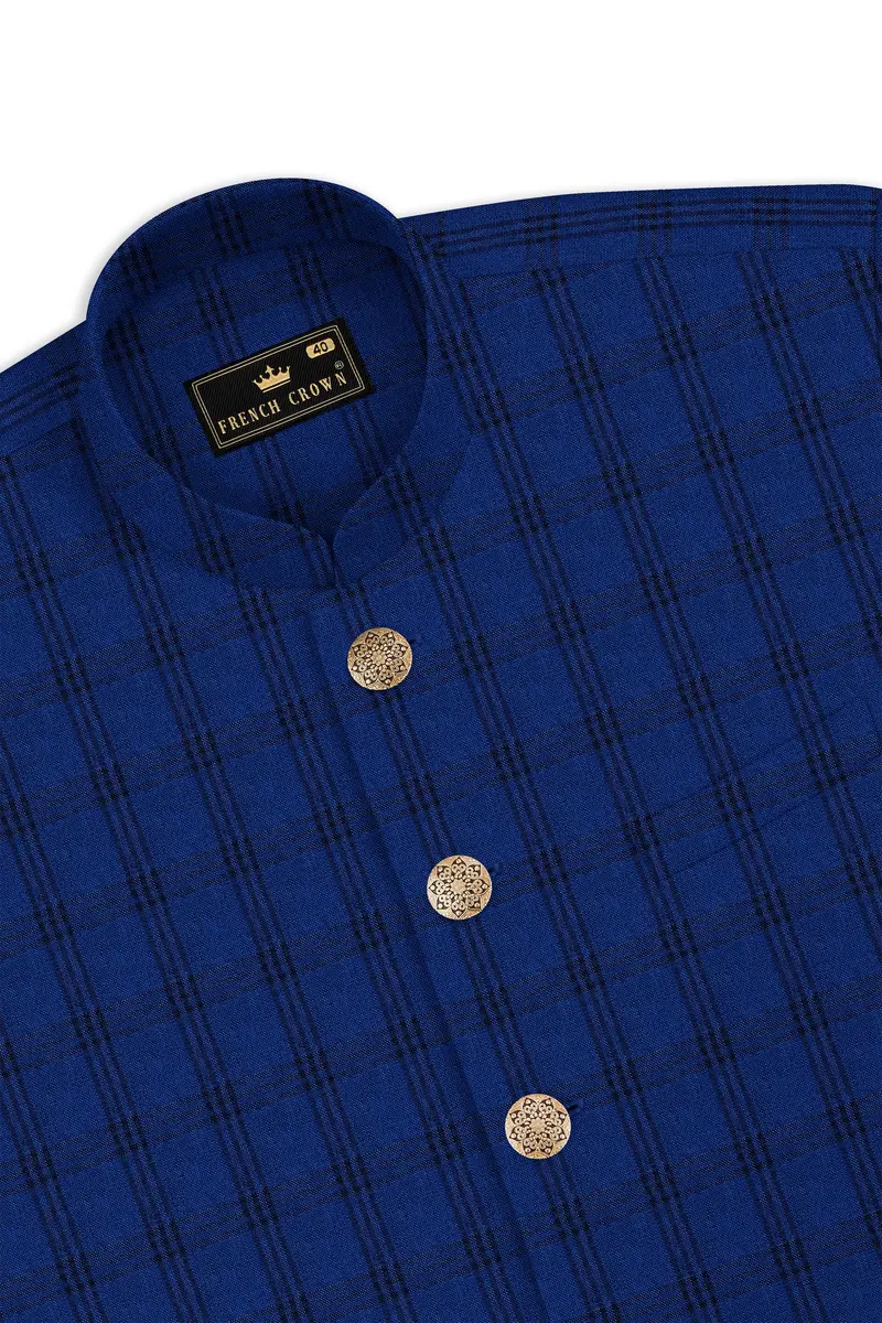 Cloud Burst Blue With Black Plaid Cross Placket Bandhgala Suit 17