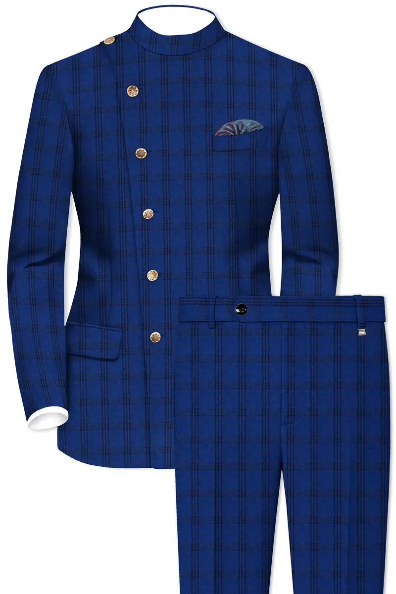 Cloud Burst Blue With Black Plaid Cross Placket Bandhgala Suit 2